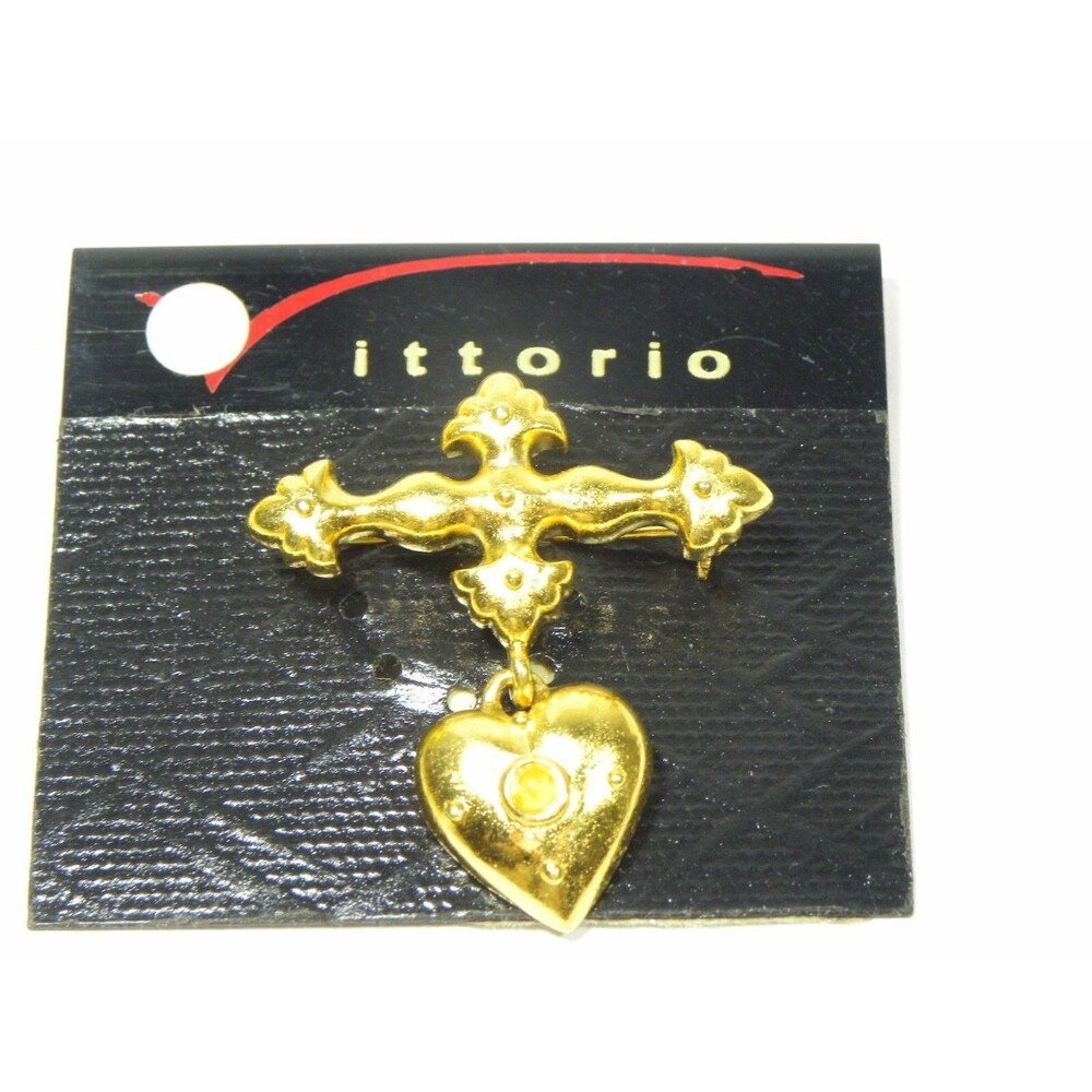 Vintage Vittorio Brooch Pin Cross Dangle Heart Charm Glossy Gold Tone